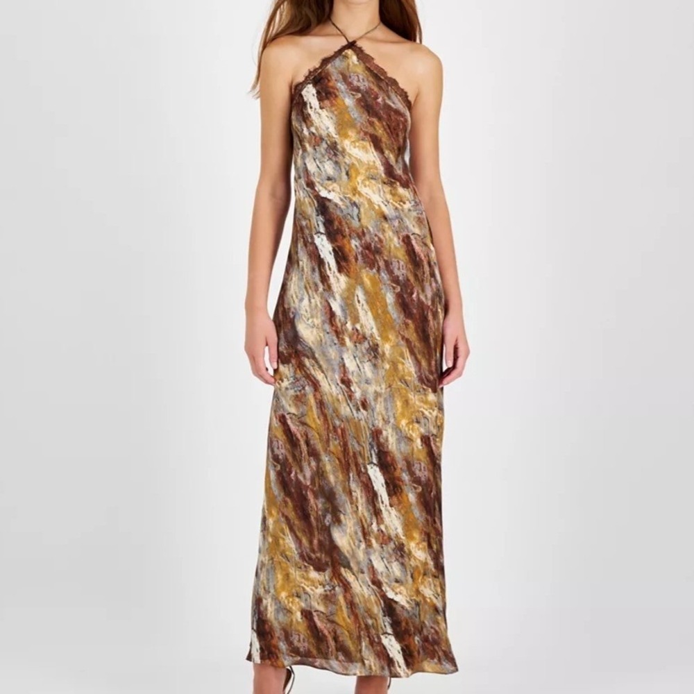 1.State Printed Lace Trim Halter Sleeveless Maxi Brown Multi Dress Womens XL